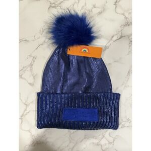 Kurt Geiger London Foil Overlay Beanie Royal Blue NWT OS Furry Pom Pom Holidays